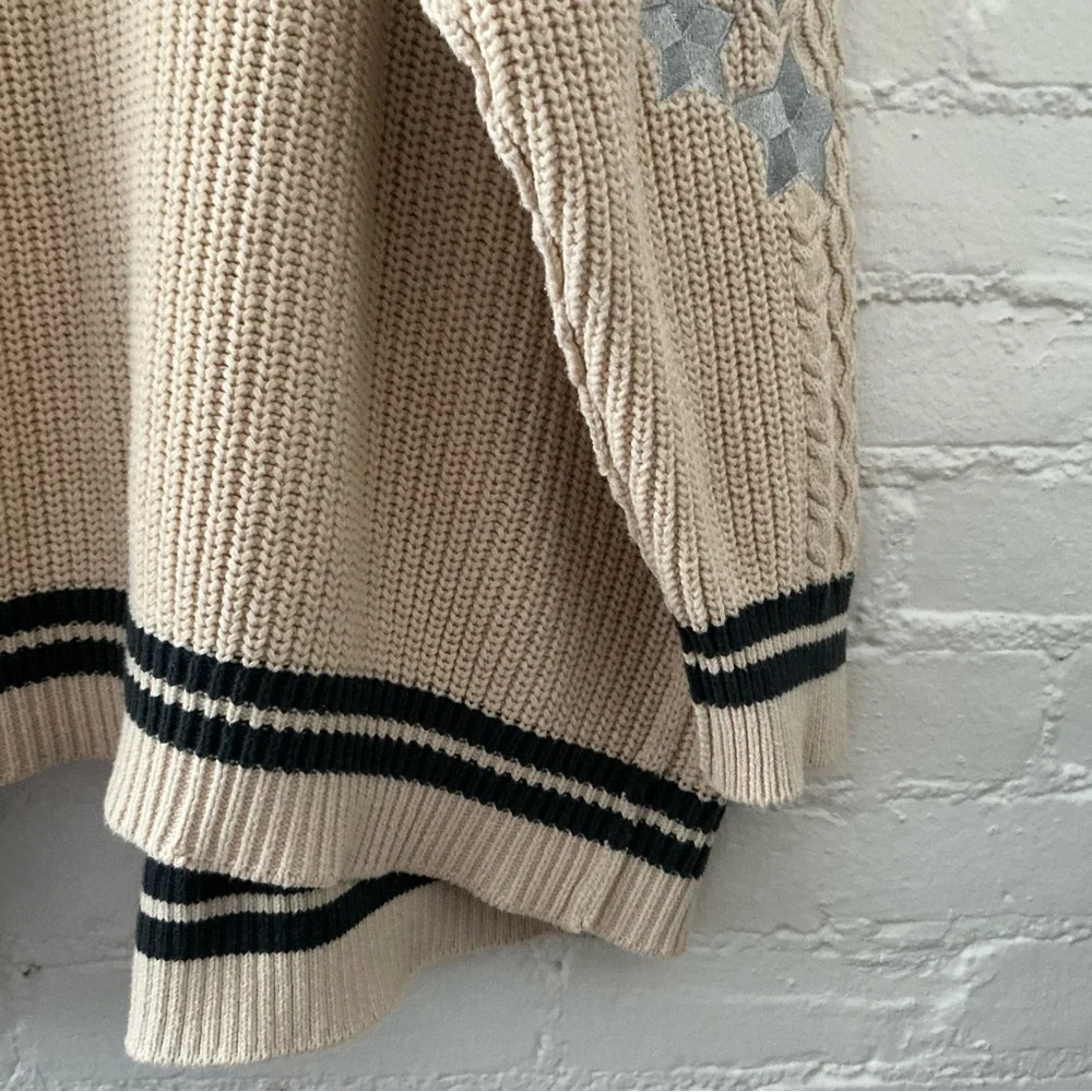 Altar’d State Oversized Cable Knit Cardigan Varsity Sweater Beige Star Patches - Picture 12 of 14